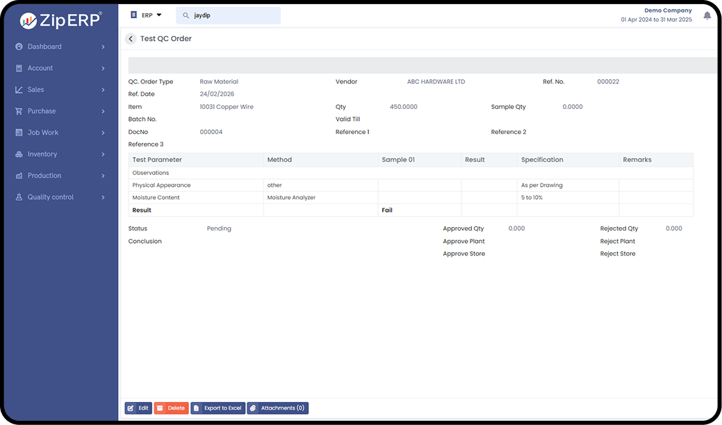 QC checks for raw, in-process, and finished goods